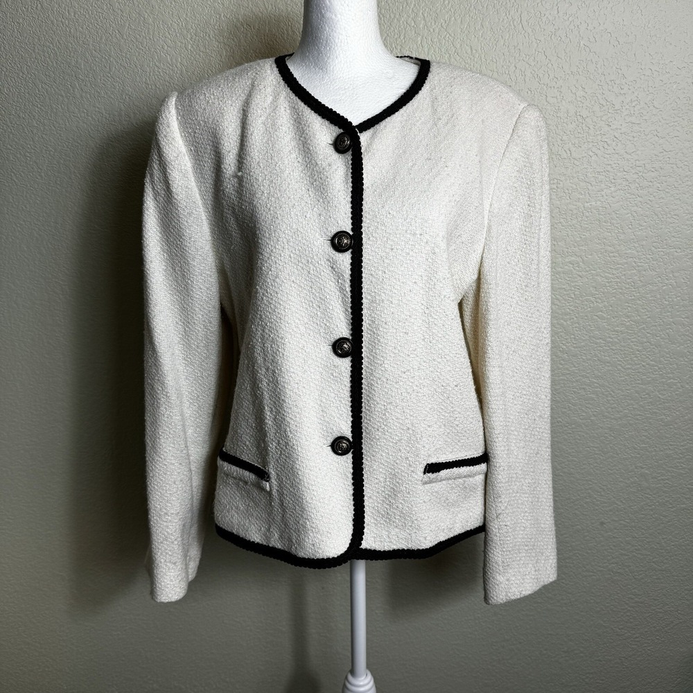Fundamental Things Women's Blazer Ivory with Black Trim Recycled Wool Blend 12P